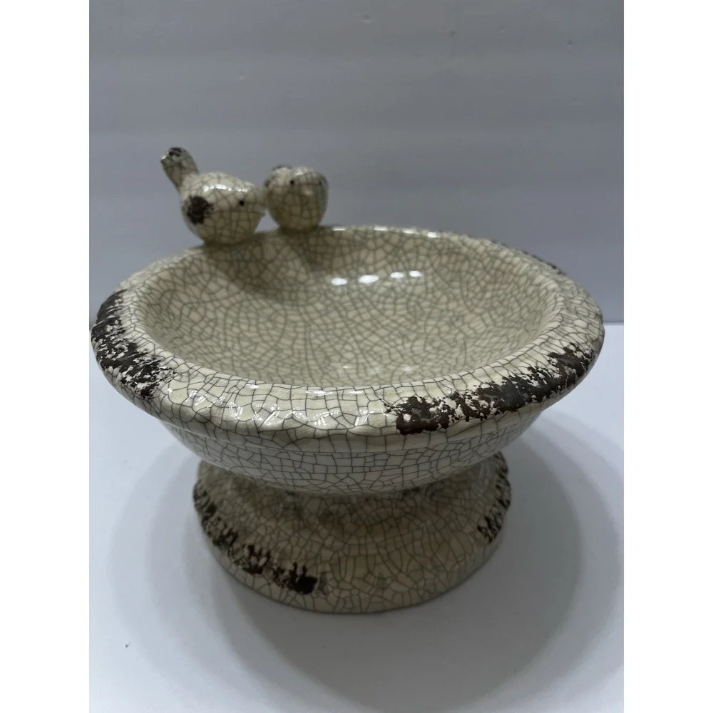 Glazed Ceramic 2 Bird Bowl Ivory Crackle Finish Table Top Bird Bath Rustic 9